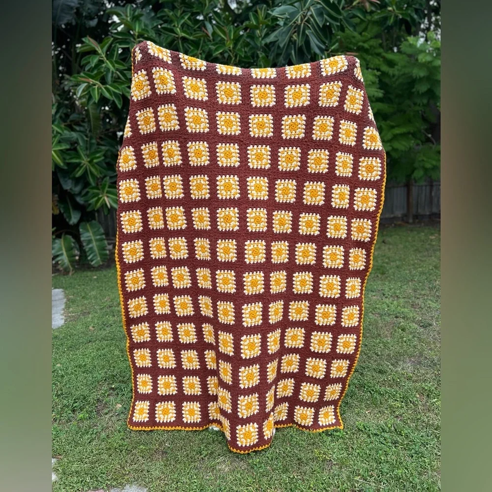 Vintage 1970s Crochet Granny Square Afghan Blanket Yellow, Brown Retro Throw